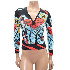 Y2K NOUN PARIS Logo Las VEGAS Cupid Semi-Sheer Mesh Long Sleeve Top S/M